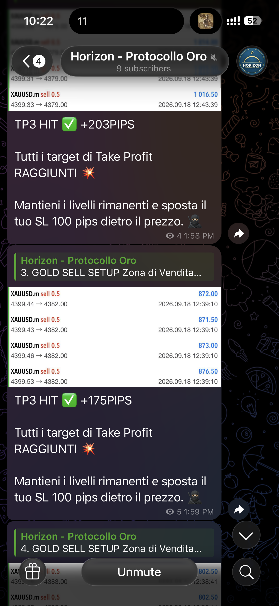 Horizon: two TP3 updates, at +203 and +175 pips.